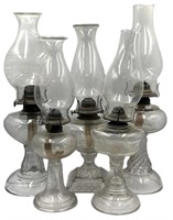 (5) Vintage Glass Oil Lamps with Hurricane Shades