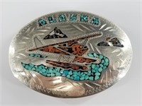 Sterling silver and turquoise mosaic belt buckle,