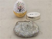 Porcelain Egg Trinket Box, Vintage Coin Purse &