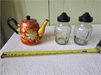 Russian Samovar Teapot & Glass Sugar Shakers