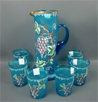 Victorian Blue Frosted Hand Enameled Tankard  Set