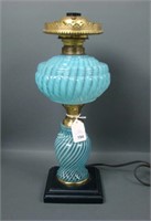Maker? Blue Opal Swirl Lamp on Black Metal Base