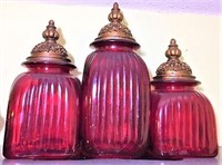 Ribbed Ruby Glass Canister Set Lot of 3