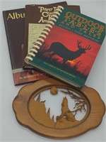 (3) Books and Wooden Wolf Decor