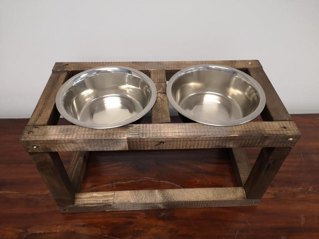 Rustic Wooden Dog Dish Holder with Two Dishes