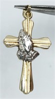 Cross pendant with praying hands, 14k 2-tone