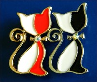 2 Cute Cat Brooches Pins in Black and Red Enamel