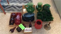 Assorted green and red glassware