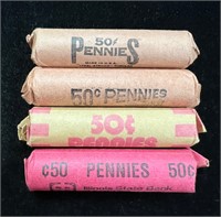 Lot of Four Unsearched Rolls of Wheat Pennies