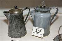 Grey enamel coffee pots (2) largest is 11" tall