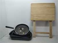 frying pan, roasting pans and wood folding side