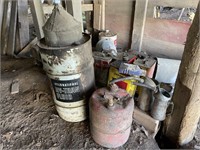 OIL CANS, GAS CANS, FUNNELS, WATER TANK