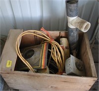wooden box of electrical items, air cleaner adaptr