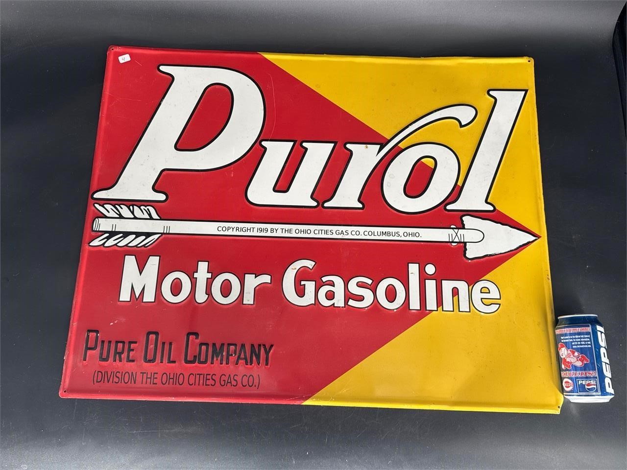 PUROL MOTOR GASOLINE PURE OIL CO EMBOSSED TIN SIGN