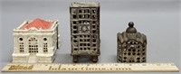 Lot of 3 Cast Iron Building Coin Banks