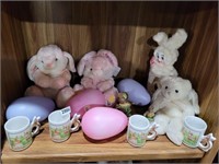 LOT OF EASTER STUFFED ANIMALS WITH EASTER MUGS