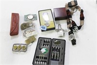 DART SET, BELT BUCKLES, WATCHES