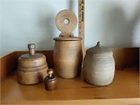 2 Butter stamps, Salt Crock, Wood Canister with
