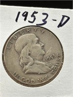 1953 D Ben Franklin Silver Half Dollar