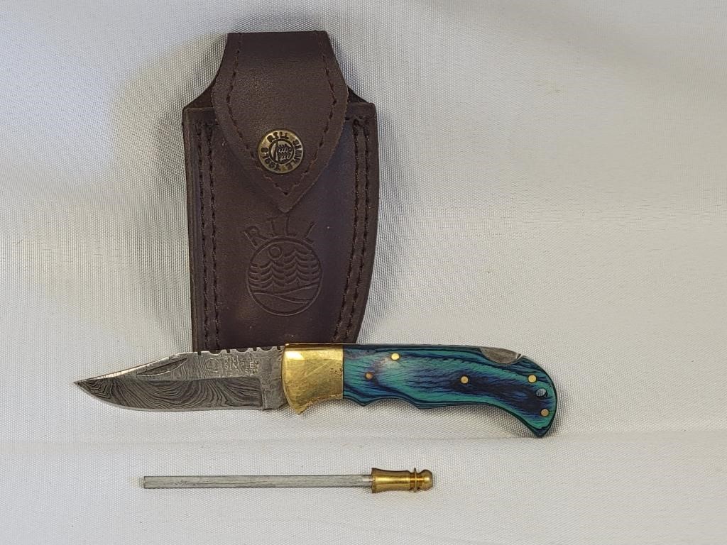 Demascus Style Folding Knife & Holster