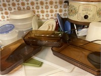 VTG AMBER ANCHOR HOCKING PANS+CROCKPOT