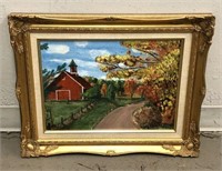 P. Perez Barn Painting on Board in Ornate Gilt