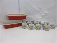 2 TUPPERWARE CONTAINERS; MUGS