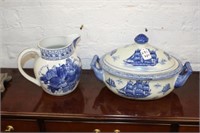 2pc Blue/White Porcelain Tureen & Pitcher