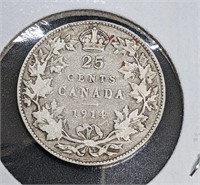 1914 Canadian Sterling Silver 25-Cent Quarter Coin