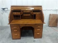 ANTIQUE OAK ROLLTOP DESK WITH ANTIQUE PULLS