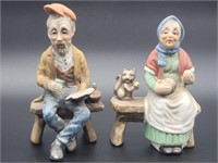 Old Peasant Man & Woman Seated on Bench Figurines
