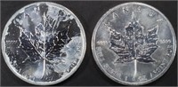 (2) 1 OZ .999 SILVER 2011 & 2012 CAN MAPLE ROUNDS