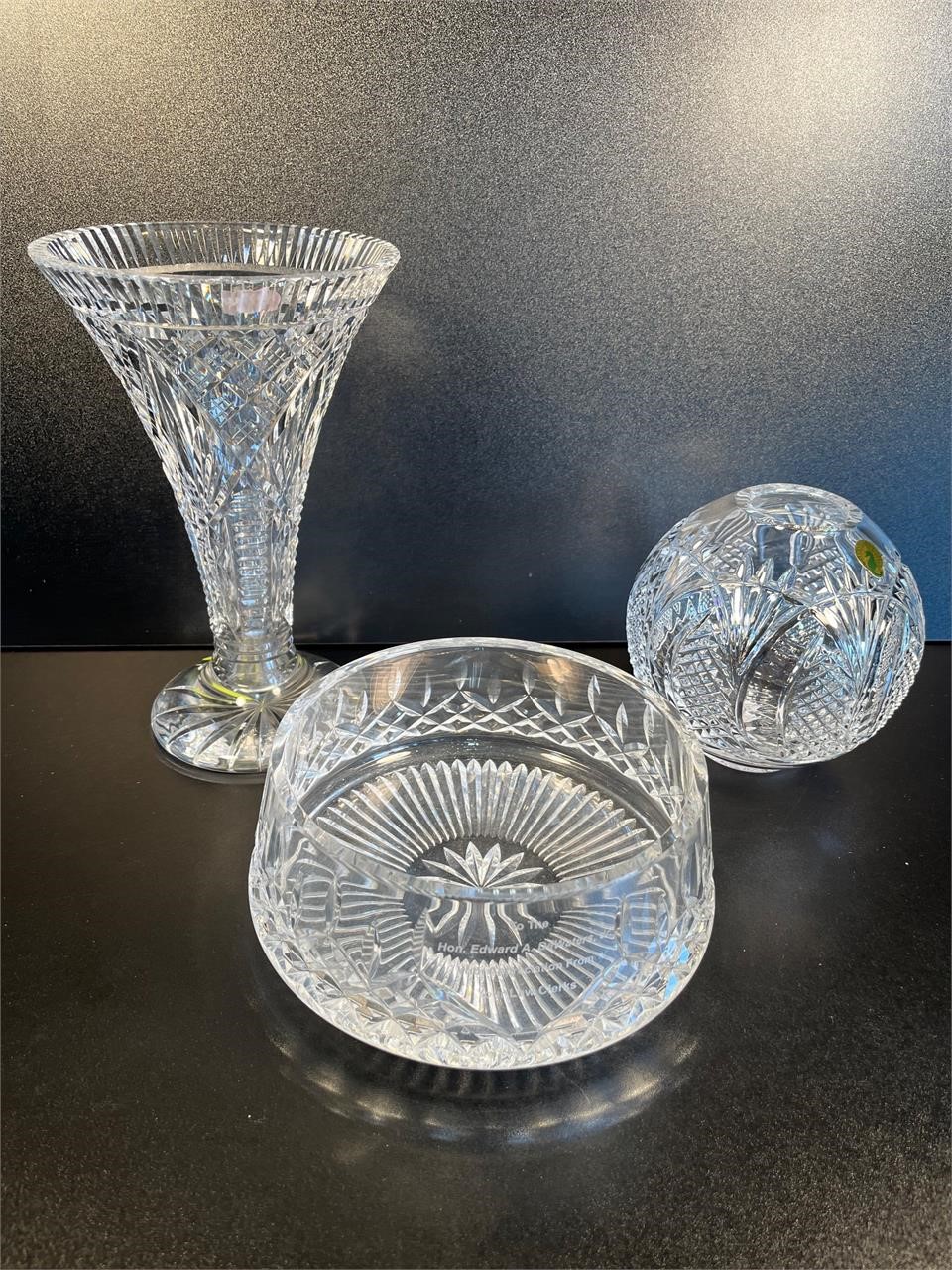 3 Large Waterford Serving Pieces. Vase has chip