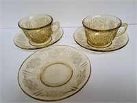 3 Depression Glass Cabbage Rose 2 Cups, 3 Saucers