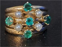 Ladies 14K Gold Pearl and Emerald Ring