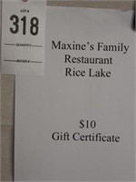 Maxines Family Restaurant $10 Gift Certificate