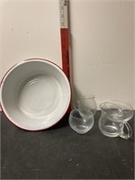 Small enamel Ware Pan and glass pitchers