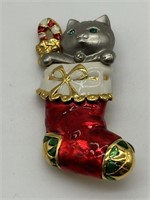 Danecraft Figural Cat In Christmas Stocking Pin