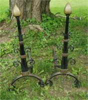 Pair of Antique Wrought Iron & Brass Andirons -