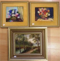 Three framed artworks, oil on board