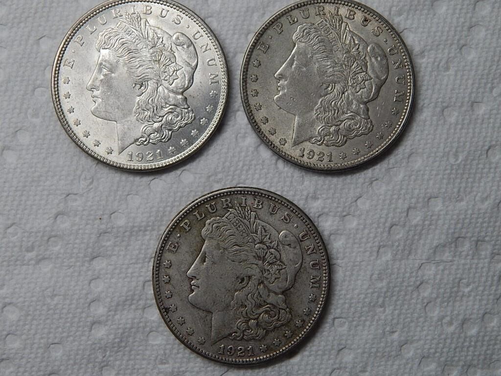 (3) 1921 Morgan Silver Dollars AU-F