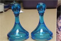 Pair of Teal Blue Glass Footed Candle Holders