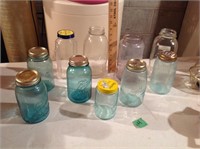 Vintage THE Mason blue jars, & others