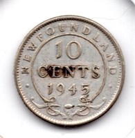 1945 Newfoundland 10 Cent Silver Coin
