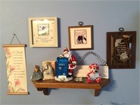 Wood shelf & contents & wall decor