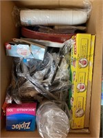 Mixed box Ziploc bags, wax paper, plastic cutlery