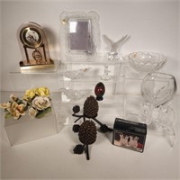 Clock, Glassware, Porcelain Flowers