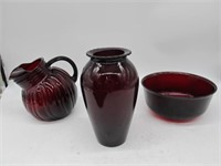 TRAY LOT OF 3 LARGE RED RUBY PITCHER, BOWL, & VASE
