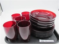 TRAY LOT OF RED RUBY PLATES BOWLS AND TUMBLERS