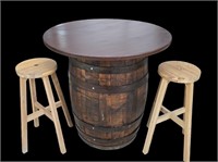 Full Size Wooden Keg Pub Table w/ Two Stools